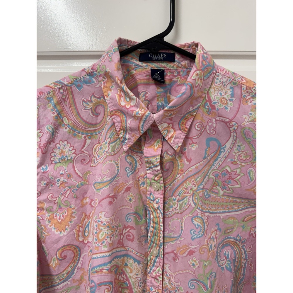 Chaps Womens XL Pink Paisley Blouse Button Front Cotton Preppy Top